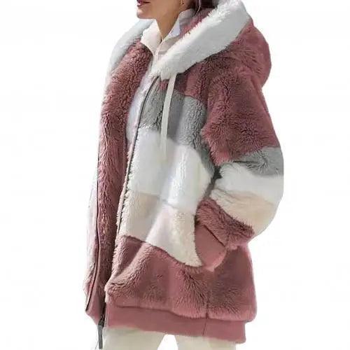 Plus Size Jacket Women Autumn Winter Long Sleeve Color Block Zipper Fluff Hooded Warm Coat Jacket Stevvex