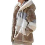 Plus Size Jacket Women Autumn Winter Long Sleeve Color Block Zipper Fluff Hooded Warm Coat Jacket Stevvex