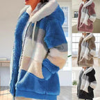 Plus Size Jacket Women Autumn Winter Long Sleeve Color Block Zipper Fluff Hooded Warm Coat Jacket Stevvex