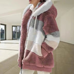 Plus Size Jacket Women Autumn Winter Long Sleeve Color Block Zipper Fluff Hooded Warm Coat Jacket Stevvex
