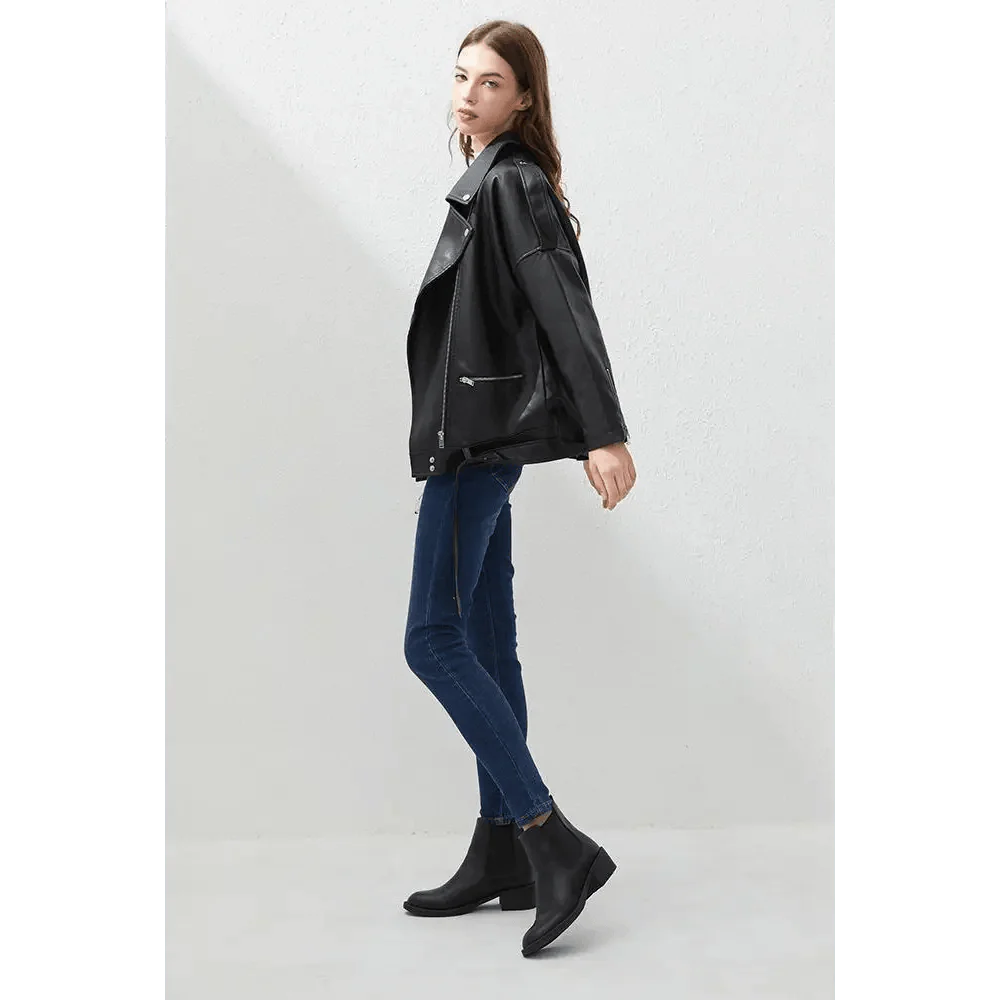 PU Faux Leather Jacket Women Loose Sashes Casual Biker Jackets Outwear Female Tops BF Style Black Leather Jacket Coat Stevvex