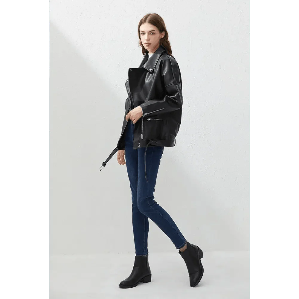 PU Faux Leather Jacket Women Loose Sashes Casual Biker Jackets Outwear Female Tops BF Style Black Leather Jacket Coat Stevvex