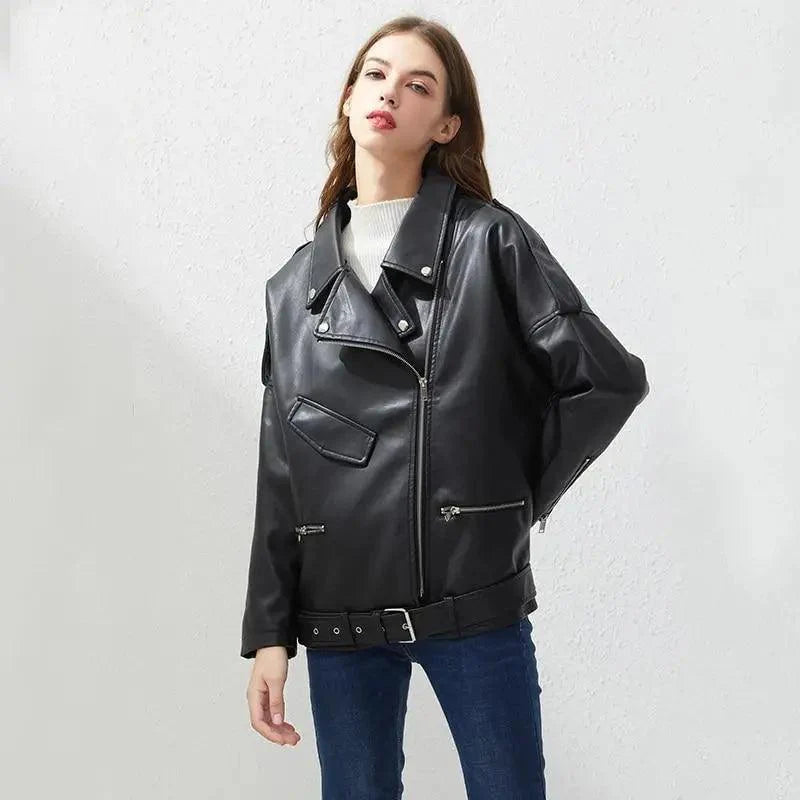 PU Faux Leather Jacket Women Loose Sashes Casual Biker Jackets Outwear Female Tops BF Style Black Leather Jacket Coat Stevvex