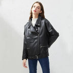 PU Faux Leather Jacket Women Loose Sashes Casual Biker Jackets Outwear Female Tops BF Style Black Leather Jacket Coat Stevvex