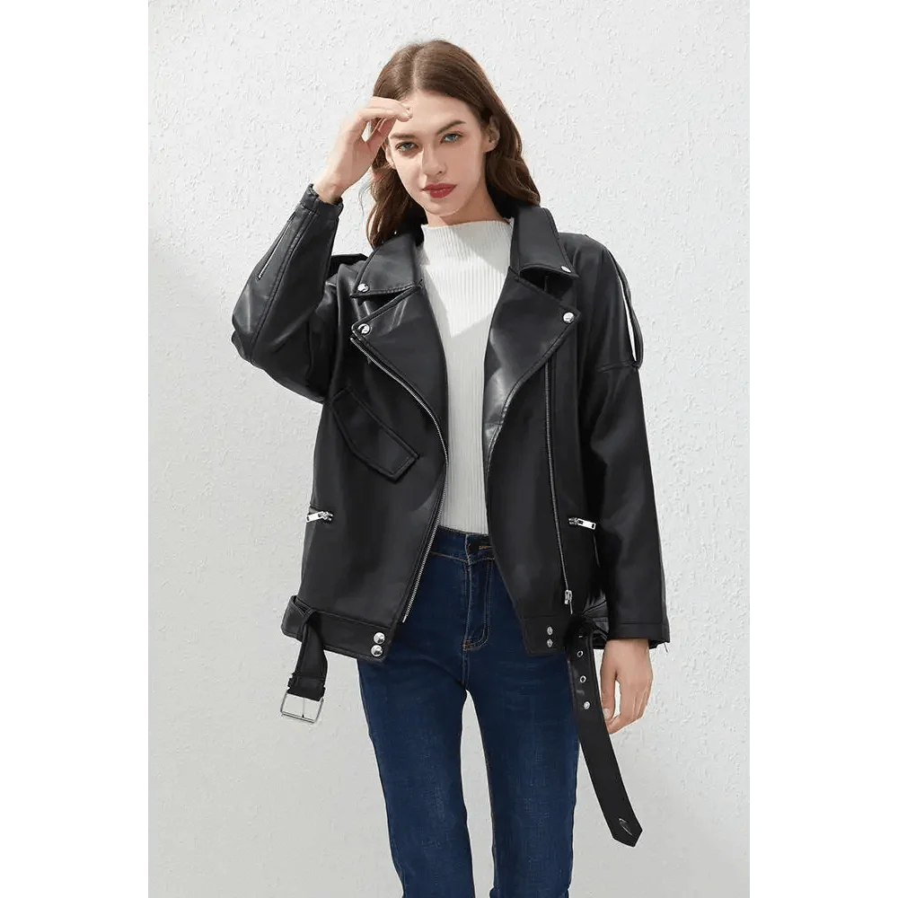 PU Faux Leather Jacket Women Loose Sashes Casual Biker Jackets Outwear Female Tops BF Style Black Leather Jacket Coat Stevvex