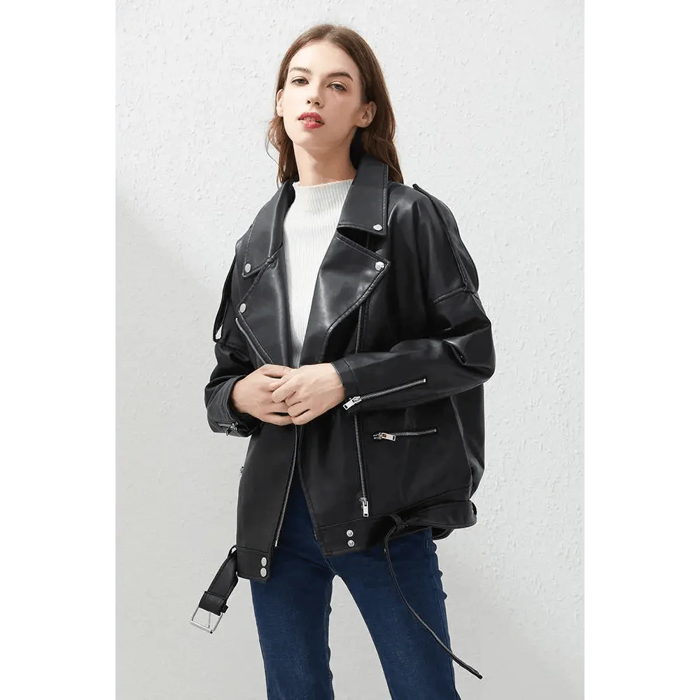 PU Faux Leather Jacket Women Loose Sashes Casual Biker Jackets Outwear Female Tops BF Style Black Leather Jacket Coat Stevvex