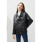 PU Faux Leather Jacket Women Loose Sashes Casual Biker Jackets Outwear Female Tops BF Style Black Leather Jacket Coat Stevvex