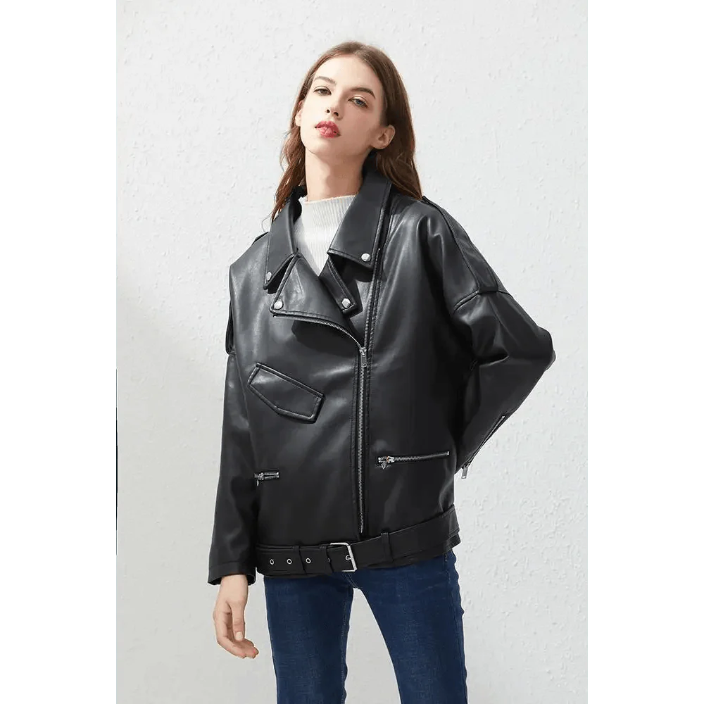 PU Faux Leather Jacket Women Loose Sashes Casual Biker Jackets Outwear Female Tops BF Style Black Leather Jacket Coat Stevvex