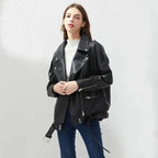 PU Faux Leather Jacket Women Loose Sashes Casual Biker Jackets Outwear Female Tops BF Style Black Leather Jacket Coat Stevvex