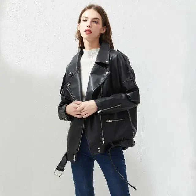 PU Faux Leather Jacket Women Loose Sashes Casual Biker Jackets Outwear Female Tops BF Style Black Leather Jacket Coat Stevvex