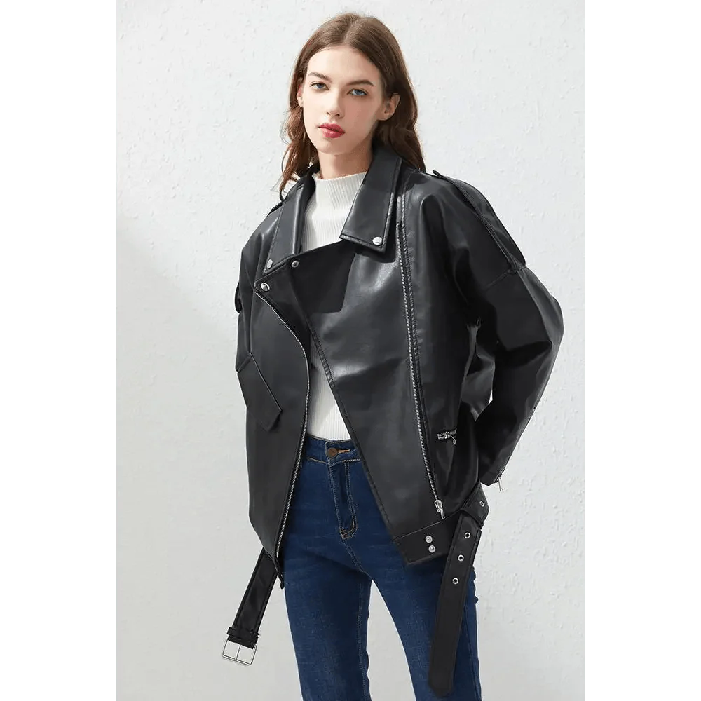 PU Faux Leather Jacket Women Loose Sashes Casual Biker Jackets Outwear Female Tops BF Style Black Leather Jacket Coat Stevvex