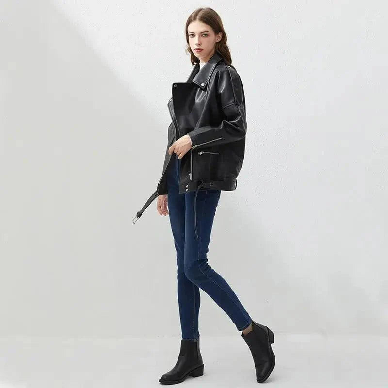 PU Faux Leather Jacket Women Loose Sashes Casual Biker Jackets Outwear Female Tops BF Style Black Leather Jacket Coat Stevvex