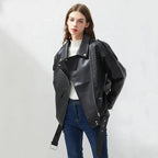 PU Faux Leather Jacket Women Loose Sashes Casual Biker Jackets Outwear Female Tops BF Style Black Leather Jacket Coat Stevvex