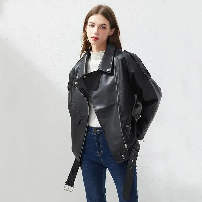 PU Faux Leather Jacket Women Loose Sashes Casual Biker Jackets Outwear Female Tops BF Style Black Leather Jacket Coat Stevvex