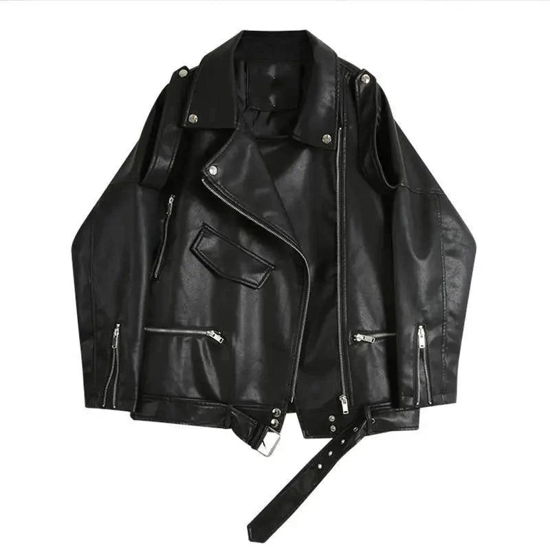 PU Faux Leather Jacket Women Loose Sashes Casual Biker Jackets Outwear Female Tops BF Style Black Leather Jacket Coat Stevvex