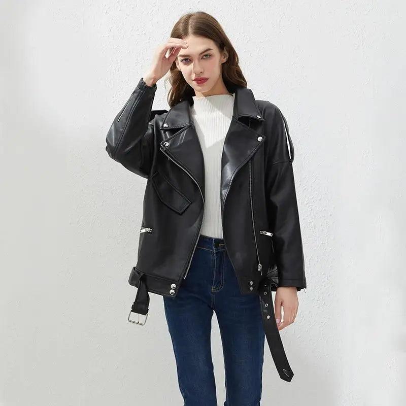 PU Faux Leather Jacket Women Loose Sashes Casual Biker Jackets Outwear Female Tops BF Style Black Leather Jacket Coat Stevvex
