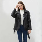 PU Faux Leather Jacket Women Loose Sashes Casual Biker Jackets Outwear Female Tops BF Style Black Leather Jacket Coat Stevvex