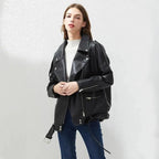 PU Faux Leather Jacket Women Loose Sashes Casual Biker Jackets Outwear Female Tops BF Style Black Leather Jacket Coat Stevvex