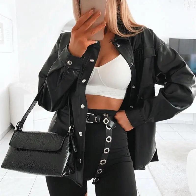 Top Quality Punk Style Women Autumn Leather Jacket Turn-down Collar Streetwear Cool Jackets Ladies Pocket Oversized Pop Jackets Stevvex