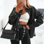 Top Quality Punk Style Women Autumn Leather Jacket Turn-down Collar Streetwear Cool Jackets Ladies Pocket Oversized Pop Jackets Stevvex