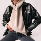 Top Quality Punk Style Women Autumn Leather Jacket Turn-down Collar Streetwear Cool Jackets Ladies Pocket Oversized Pop Jackets Stevvex