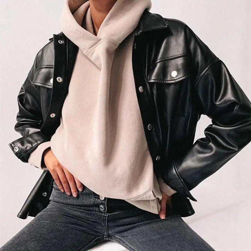 Top Quality Punk Style Women Autumn Leather Jacket Turn-down Collar Streetwear Cool Jackets Ladies Pocket Oversized Pop Jackets Stevvex