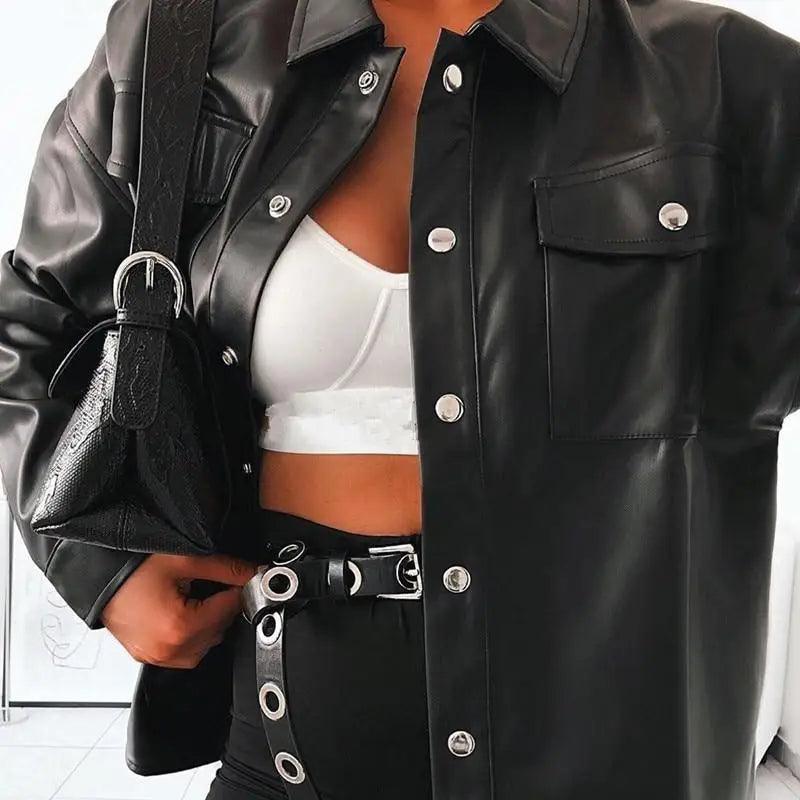 Top Quality Punk Style Women Autumn Leather Jacket Turn-down Collar Streetwear Cool Jackets Ladies Pocket Oversized Pop Jackets Stevvex