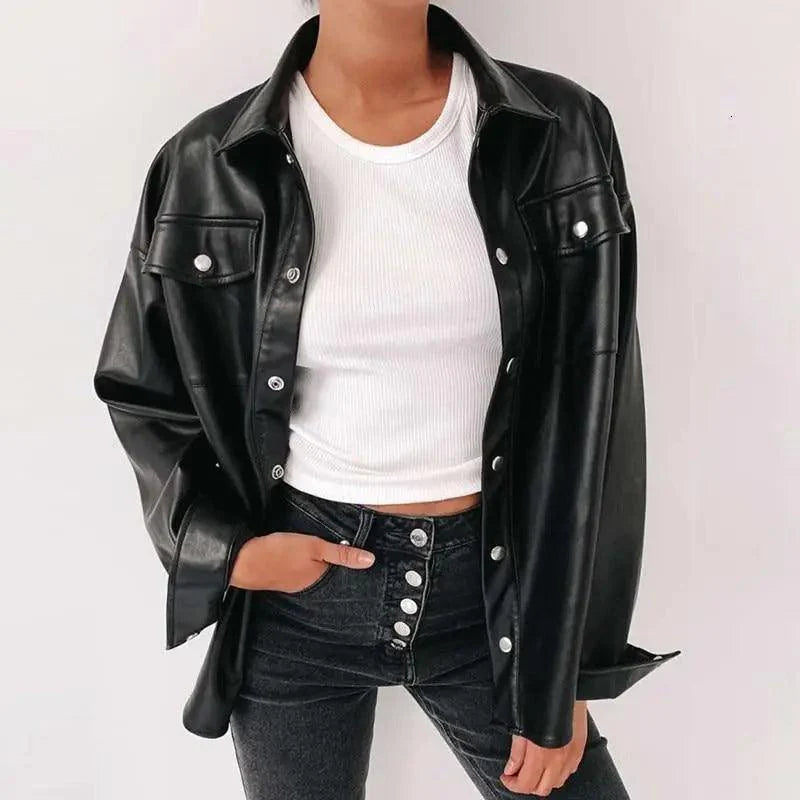 Top Quality Punk Style Women Autumn Leather Jacket Turn-down Collar Streetwear Cool Jackets Ladies Pocket Oversized Pop Jackets Stevvex