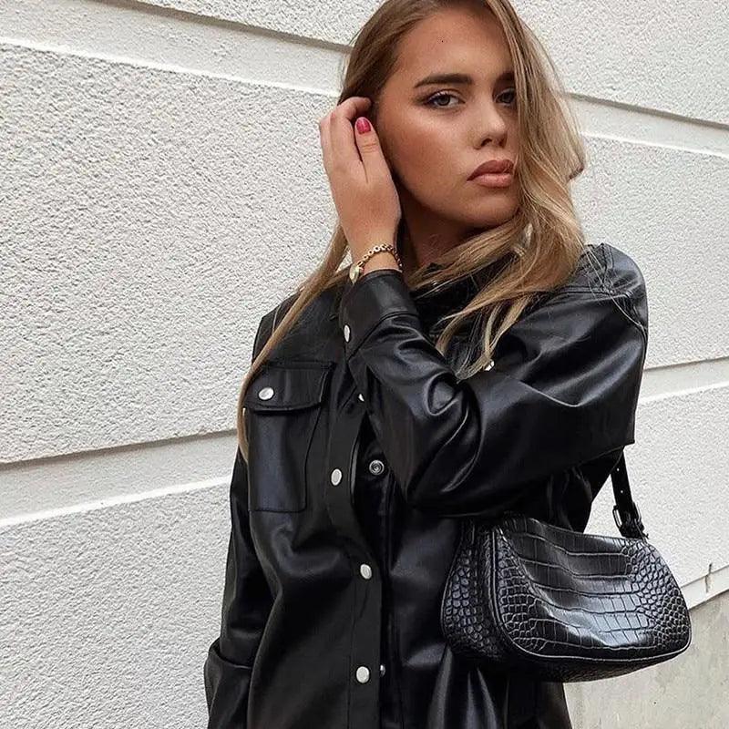 Top Quality Punk Style Women Autumn Leather Jacket Turn-down Collar Streetwear Cool Jackets Ladies Pocket Oversized Pop Jackets Stevvex