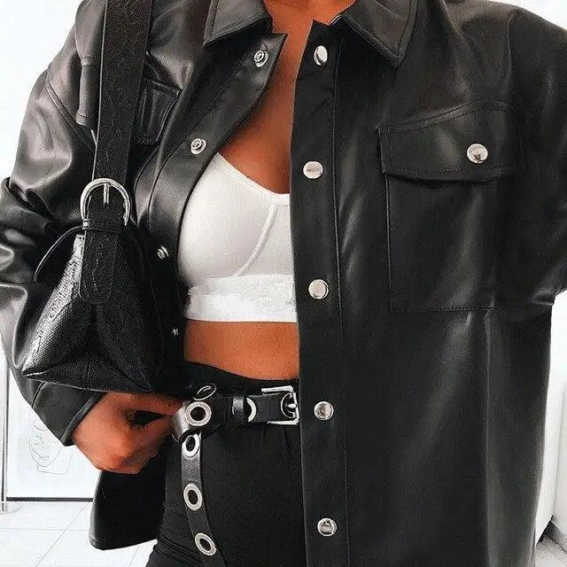 Top Quality Punk Style Women Autumn Leather Jacket Turn-down Collar Streetwear Cool Jackets Ladies Pocket Oversized Pop Jackets Stevvex