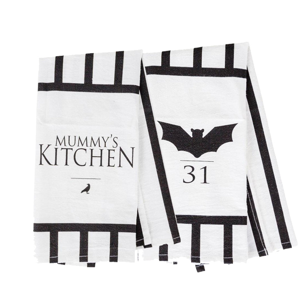 Halloween Tea Towel Bat 31 Vs Mummy Black White Cotton Dish Towel Kitchen Hand Towel Decor BandsCo Straps