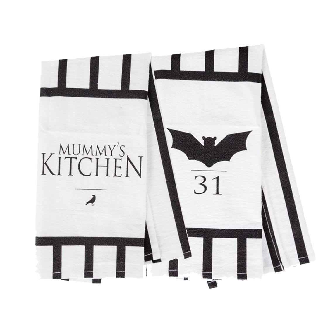 Halloween Tea Towel Bat 31 Vs Mummy Black White Cotton Dish Towel Kitchen Hand Towel Decor BandsCo Straps