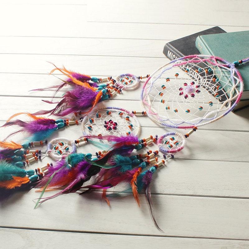 Traditional Handicrafts Original Five-ring Dream-catcher Pendant Pure Handicraft Production Fengling Hanging Feathers Ornament Creative Gifts Home Wall Decoration Girls Stevvex