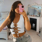 Trendy fashion styles cute summer Hollow Out Lace Up Patchwork Tank Crop Top flattering tops Summer Clothes