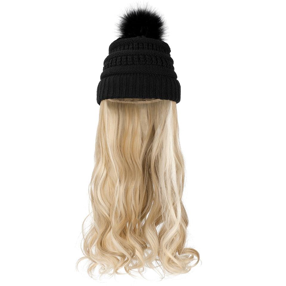 Trendy Hat Wig Synthetic Long Wavy Wigs with Beret Hat Knitted Fashion black Autumn Winter Cap Hair Extensions Wigs For Black Women Cosplay Wigs For Women Stevvex