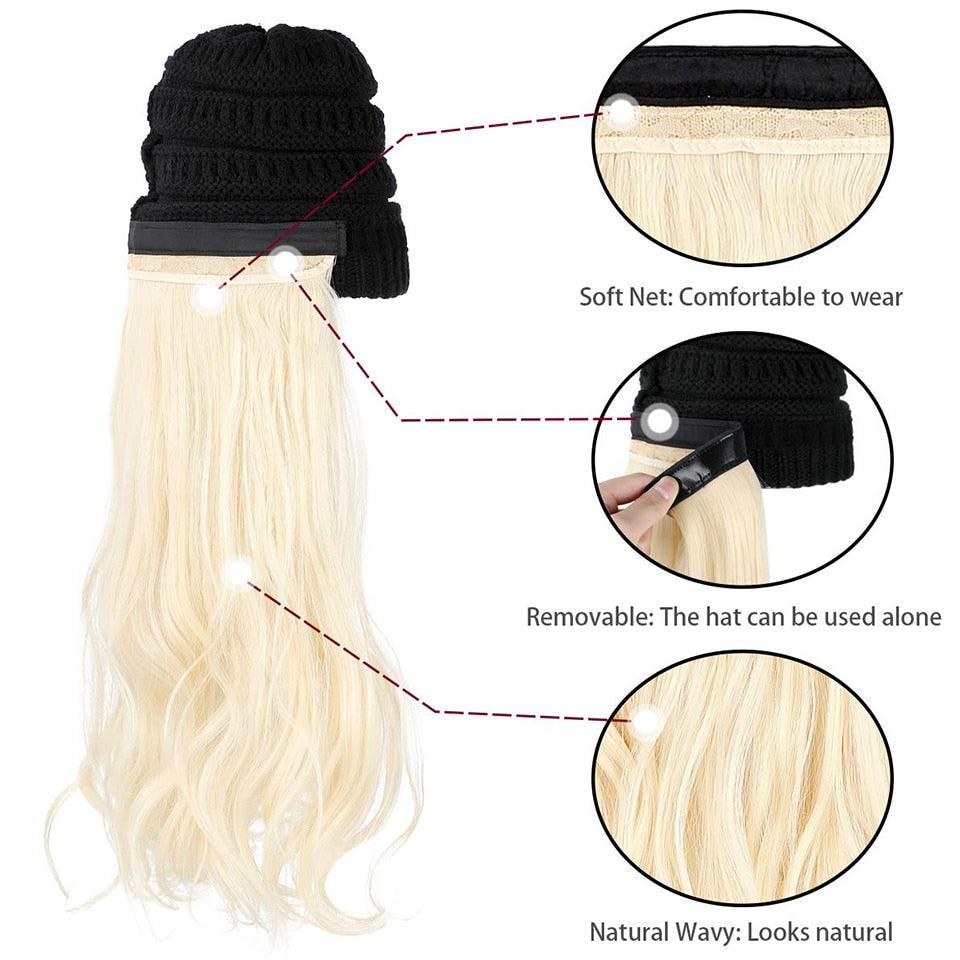Trendy Hat Wig Synthetic Long Wavy Wigs with Beret Hat Knitted Fashion black Autumn Winter Cap Hair Extensions Wigs For Black Women Cosplay Wigs For Women Stevvex