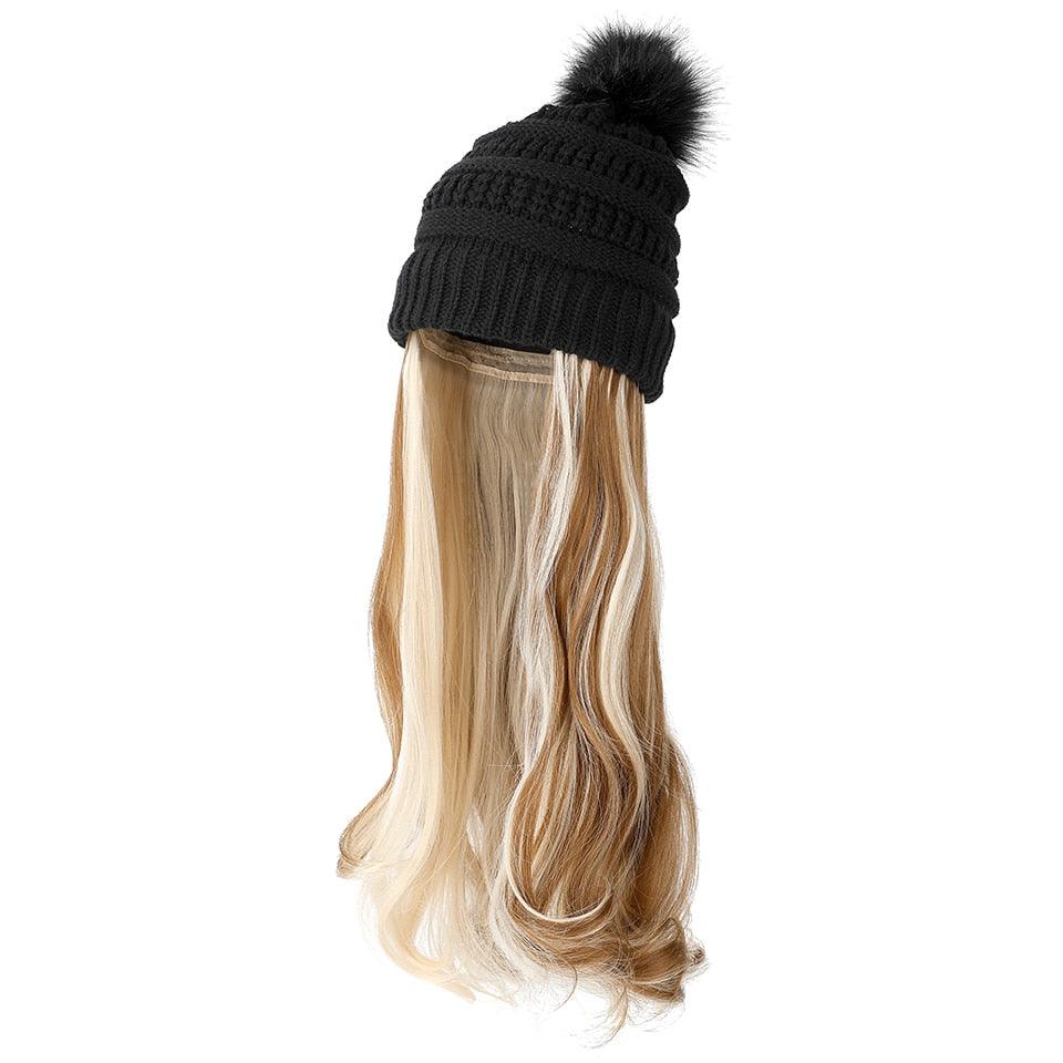 Trendy Hat Wig Synthetic Long Wavy Wigs with Beret Hat Knitted Fashion black Autumn Winter Cap Hair Extensions Wigs For Black Women Cosplay Wigs For Women Stevvex