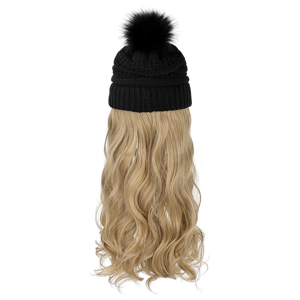 Trendy Hat Wig Synthetic Long Wavy Wigs with Beret Hat Knitted Fashion black Autumn Winter Cap Hair Extensions Wigs For Black Women Cosplay Wigs For Women Stevvex