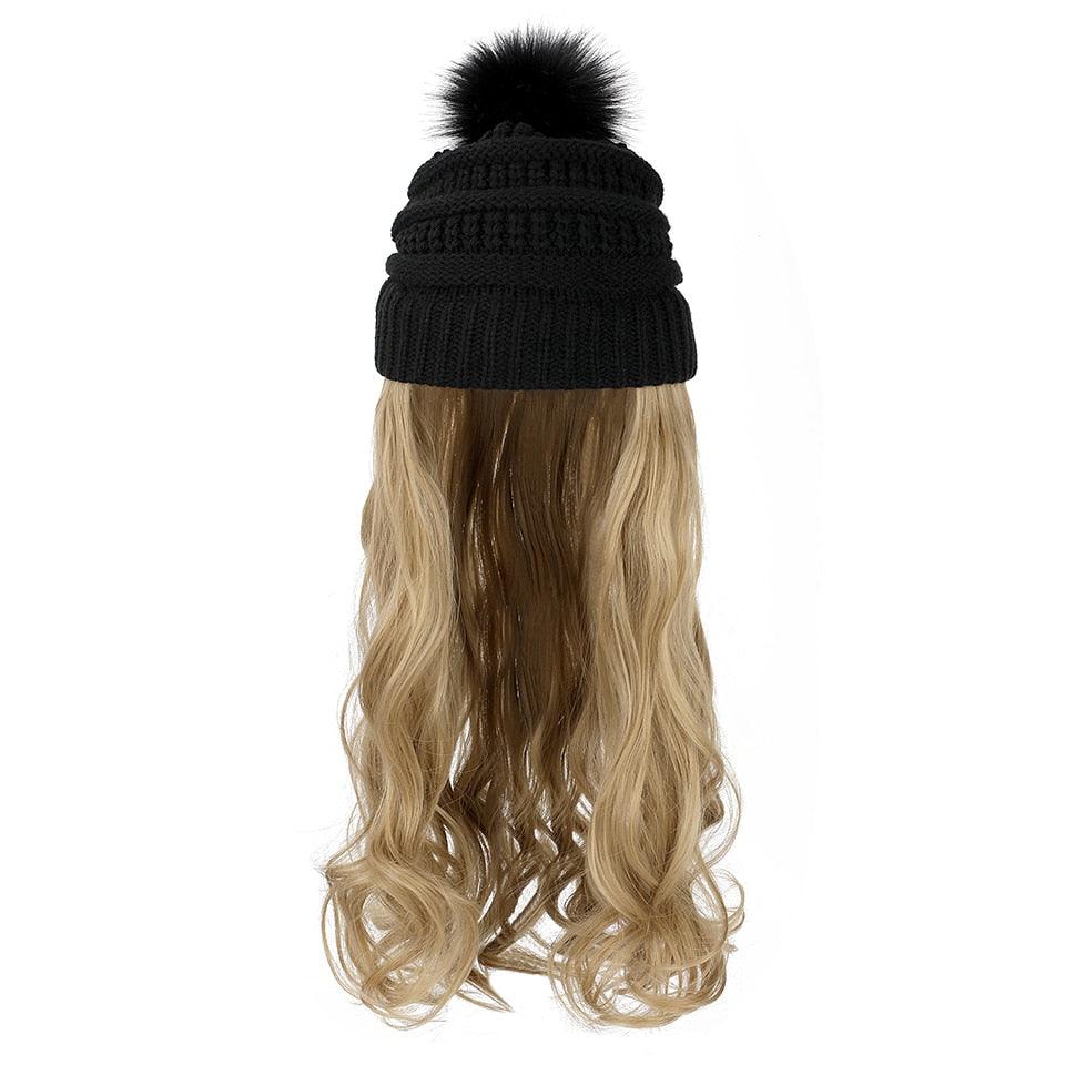 Trendy Hat Wig Synthetic Long Wavy Wigs with Beret Hat Knitted Fashion black Autumn Winter Cap Hair Extensions Wigs For Black Women Cosplay Wigs For Women Stevvex