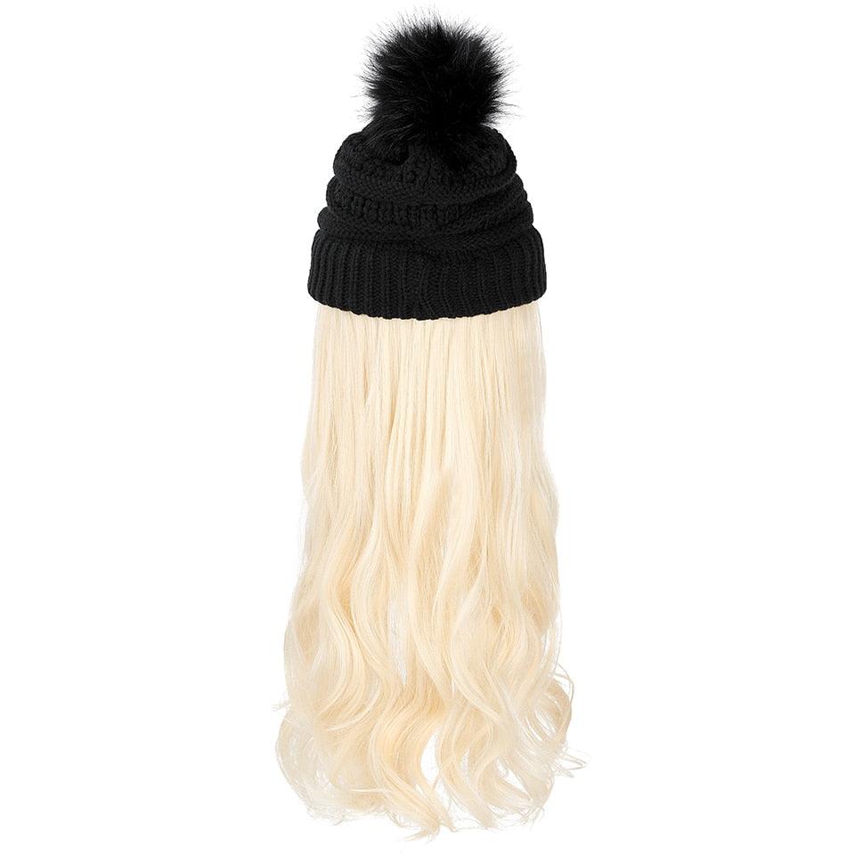 Trendy Hat Wig Synthetic Long Wavy Wigs with Beret Hat Knitted Fashion black Autumn Winter Cap Hair Extensions Wigs For Black Women Cosplay Wigs For Women Stevvex