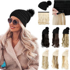 Trendy Hat Wig Synthetic Long Wavy Wigs with Beret Hat Knitted Fashion black Autumn Winter Cap Hair Extensions Wigs For Black Women Cosplay Wigs For Women Stevvex