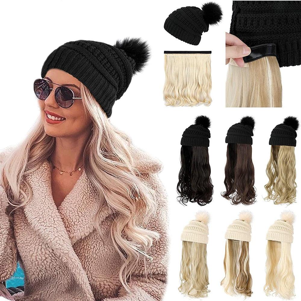 Trendy Hat Wig Synthetic Long Wavy Wigs with Beret Hat Knitted Fashion black Autumn Winter Cap Hair Extensions Wigs For Black Women Cosplay Wigs For Women Stevvex