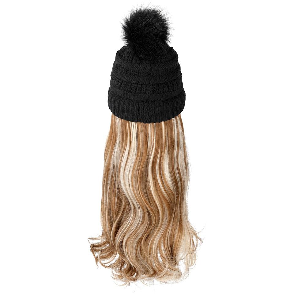 Trendy Hat Wig Synthetic Long Wavy Wigs with Beret Hat Knitted Fashion black Autumn Winter Cap Hair Extensions Wigs For Black Women Cosplay Wigs For Women Stevvex