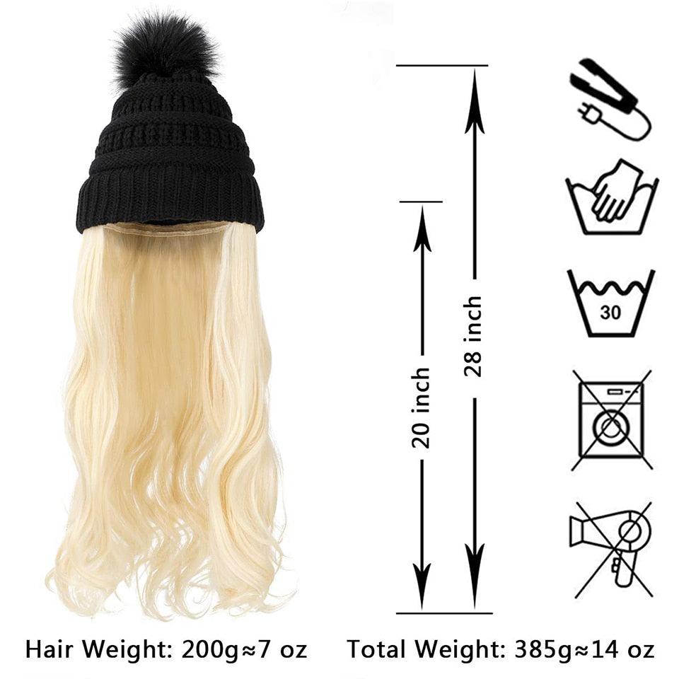 Trendy Hat Wig Synthetic Long Wavy Wigs with Beret Hat Knitted Fashion black Autumn Winter Cap Hair Extensions Wigs For Black Women Cosplay Wigs For Women Stevvex