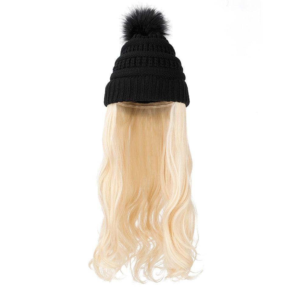 Trendy Hat Wig Synthetic Long Wavy Wigs with Beret Hat Knitted Fashion black Autumn Winter Cap Hair Extensions Wigs For Black Women Cosplay Wigs For Women Stevvex