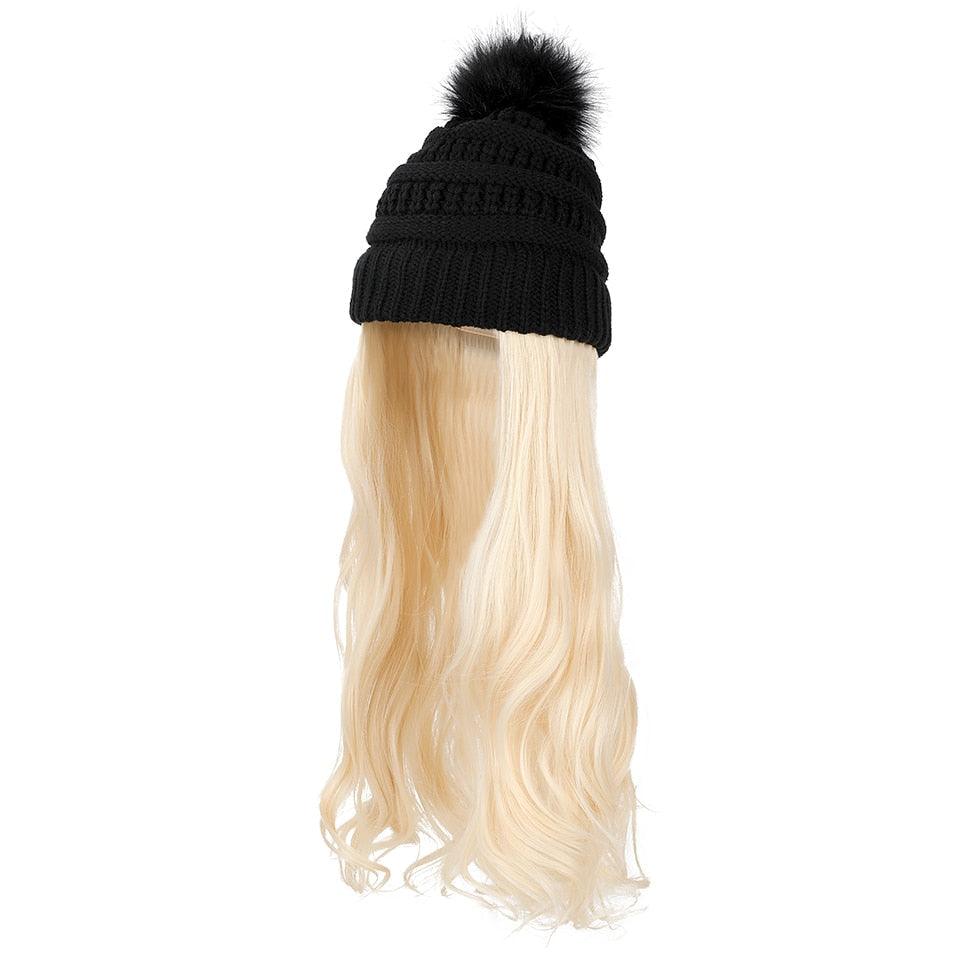 Trendy Hat Wig Synthetic Long Wavy Wigs with Beret Hat Knitted Fashion black Autumn Winter Cap Hair Extensions Wigs For Black Women Cosplay Wigs For Women Stevvex