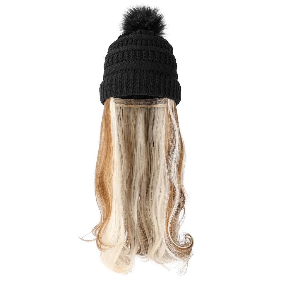 Trendy Hat Wig Synthetic Long Wavy Wigs with Beret Hat Knitted Fashion black Autumn Winter Cap Hair Extensions Wigs For Black Women Cosplay Wigs For Women Stevvex