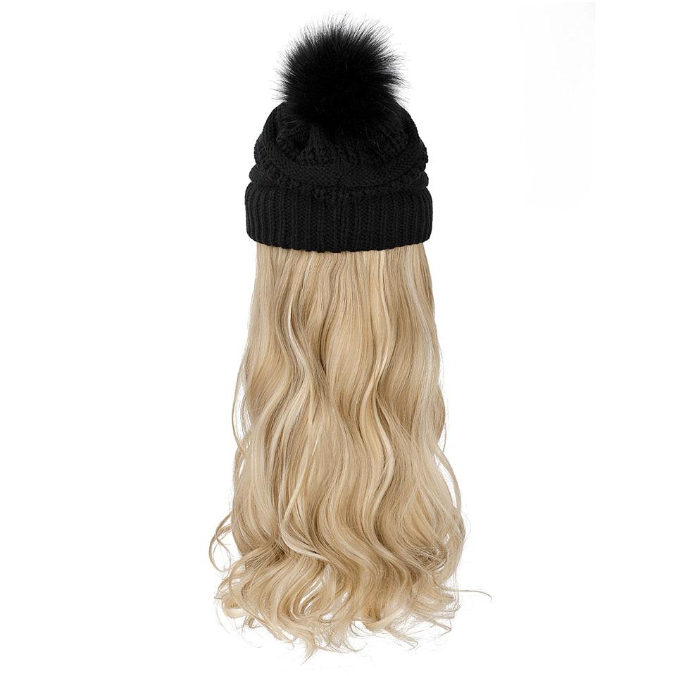 Trendy Hat Wig Synthetic Long Wavy Wigs with Beret Hat Knitted Fashion black Autumn Winter Cap Hair Extensions Wigs For Black Women Cosplay Wigs For Women Stevvex