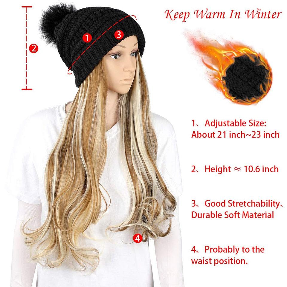 Trendy Hat Wig Synthetic Long Wavy Wigs with Beret Hat Knitted Fashion black Autumn Winter Cap Hair Extensions Wigs For Black Women Cosplay Wigs For Women Stevvex