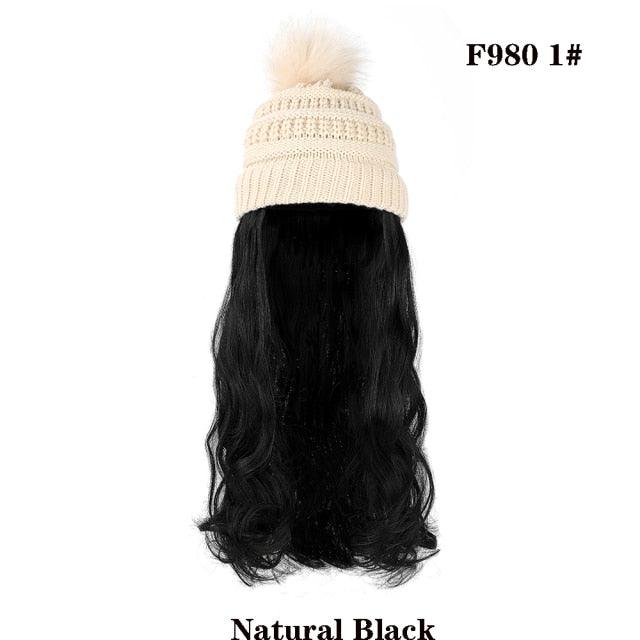 Trendy Hat Wig Synthetic Long Wavy Wigs with Beret Hat Knitted Fashion black Autumn Winter Cap Hair Extensions Wigs For Black Women Cosplay Wigs For Women Stevvex